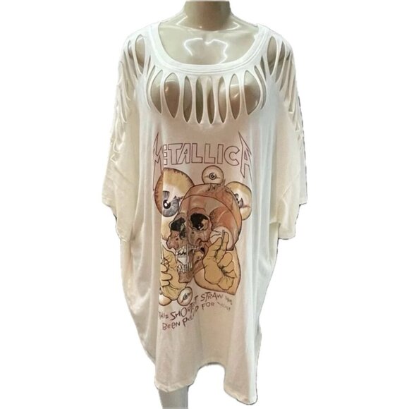 Metallica +5 Cream Slashed Neck Skull Short Straw Band Graphic Short Sleeve Tee - Picture 2 of 6